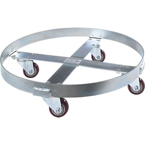 A metal barrel roller with four wheels.