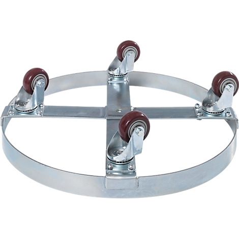 A metal barrel dolly with four brown castors on a silver frame.