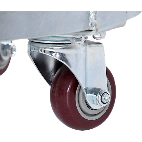 Close-up of a furniture wheel with a red tread and silver-colored bracket.