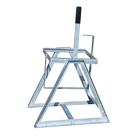 Metal boat stand, with carrying handle and support bracket. Silver surface, black handle.