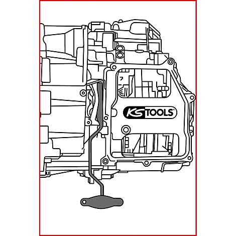Graue Detailansicht eines Metallwerkzeugs, das an einem größeren metallischen Maschinenteil befestigt ist, mit 'KS TOOLS' Logo.
