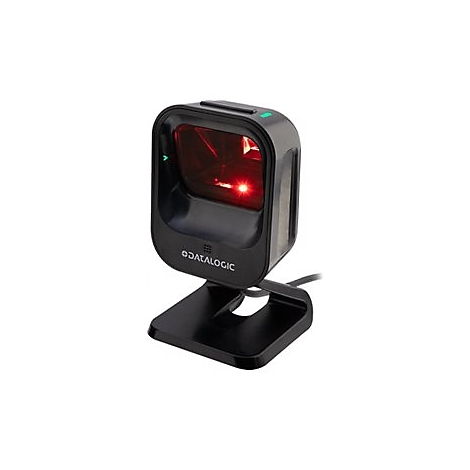Ein schwarzer Barcode-Scanner mit rotem Laserlicht und dem Datalogic-Logo. Auf einem Ständer.
