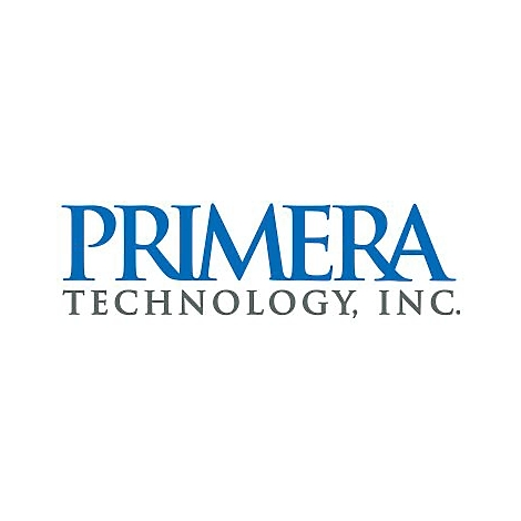 Blaues Logo von Primera Technology, Inc. mit grauer Schrift auf weißem Hintergrund.