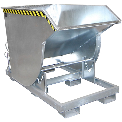 Grey metal tipper, with yellow and black warning stripes, standing on a metal frame.