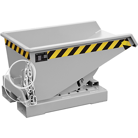 Grey tipping skip with yellow and black warning marking. A chain secures the skip.