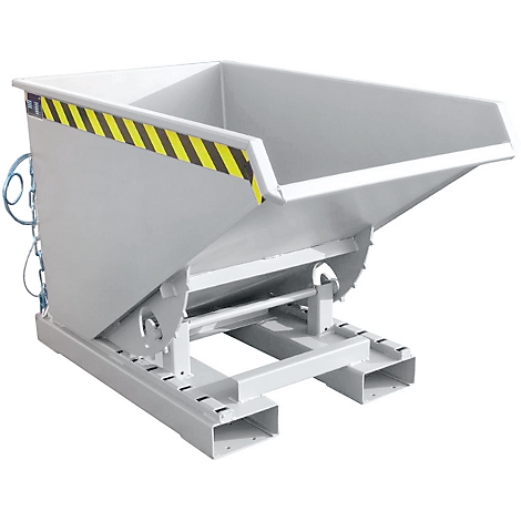 Gray tipping skip with yellow-black warning markings, on metal frame.