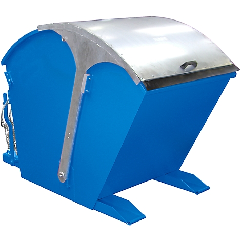 Blue tipping skip with silver lid. The container has feet for standing.