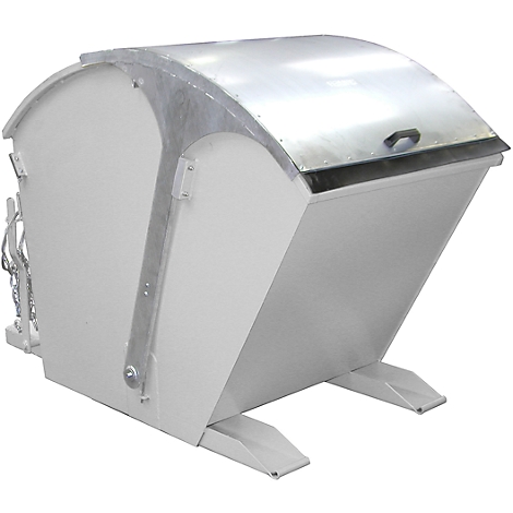 White waste container with lid and roller mechanism. Two feet at the front for parking, next to a chain.