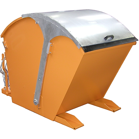 Orange container with a silver lid. It has two support feet and a chain.