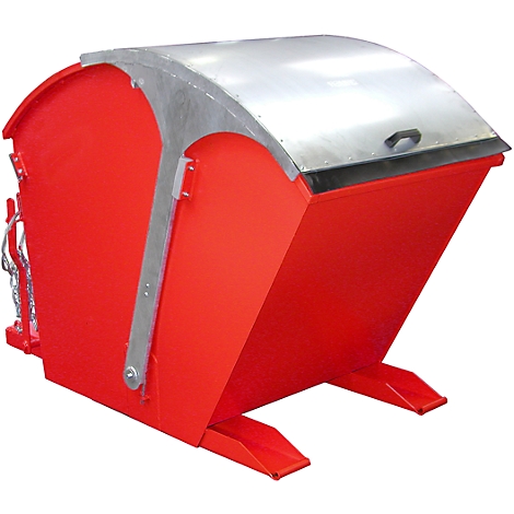 Red metal tipping skip with silver lid, with forklift entry openings.