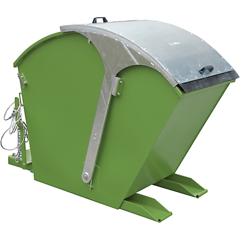 Green container with lid, metal struts and feet. The lid is slightly curved and made of metal.