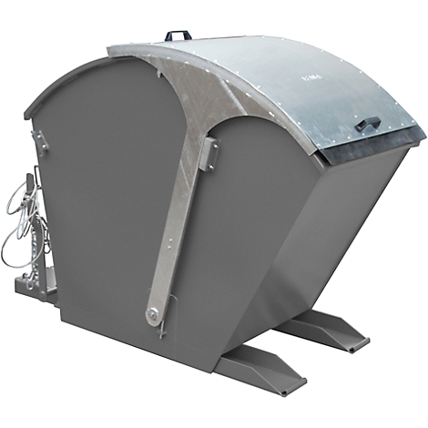 Gray industrial container with lid and metal bracket. The container sits on a flat base.