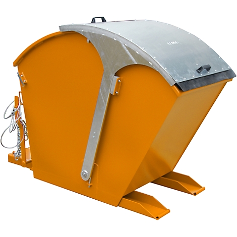 Yellow skip with grey lid, chain on the left, forklift mount.