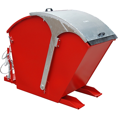 Red waste container with a silver lid, on a light background.