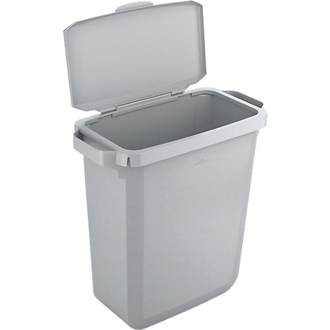 Grey trash can, lid half open.