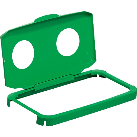 Green plastic box with two circular holes and a rectangular frame. Lid is open.