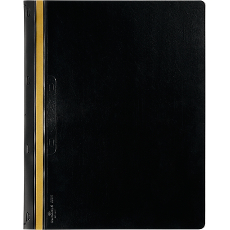 Black binder with yellow stripe on the side, handle and text.