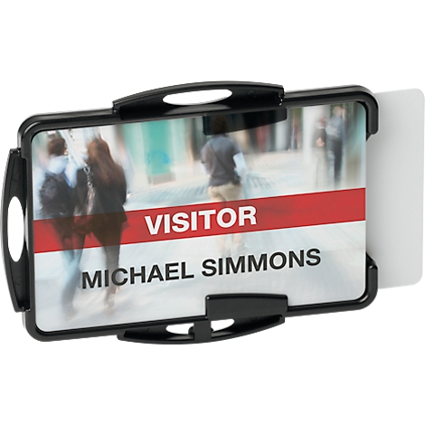 Schwarzer Ausweis-Halter mit Besucher-Namensschild, rotem Streifen und Text: Besucher Michael Simmons.