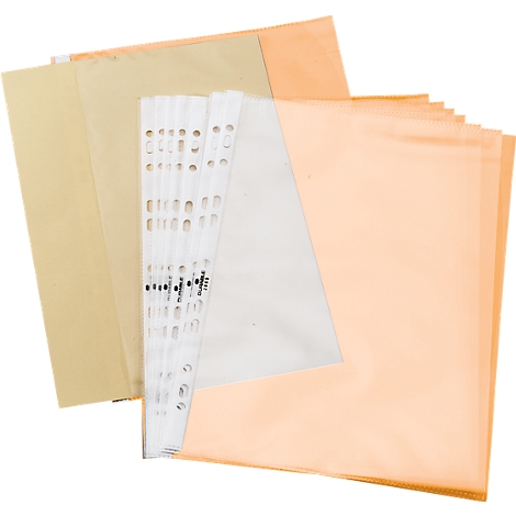 Various transparent document sleeves in beige, orange and white, some perforated.