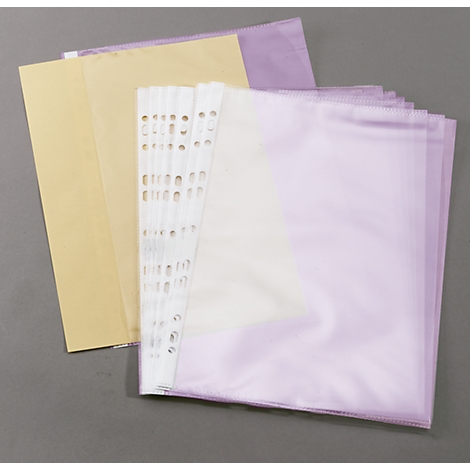 Light purple clear sleeves lie on a gray background. Next to it are light yellow sheets.