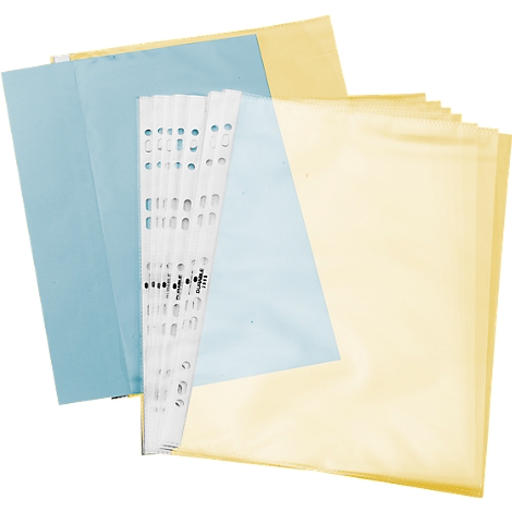 Various transparent foils and perforated strips in yellow, blue and white.