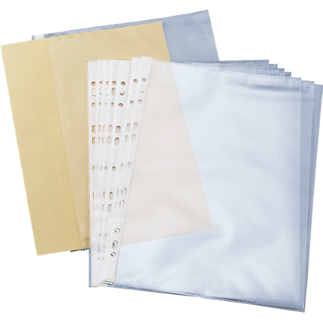Transparent sheet protectors, yellow paper and punched sheets stacked together.