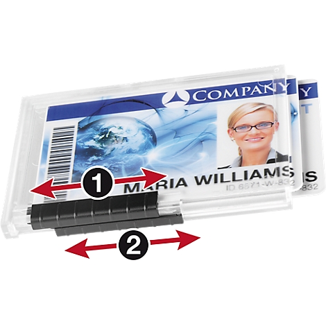 A transparent ID card holder with an inserted card. It says 'Maria Williams' and a company logo. Arrows point to functions.