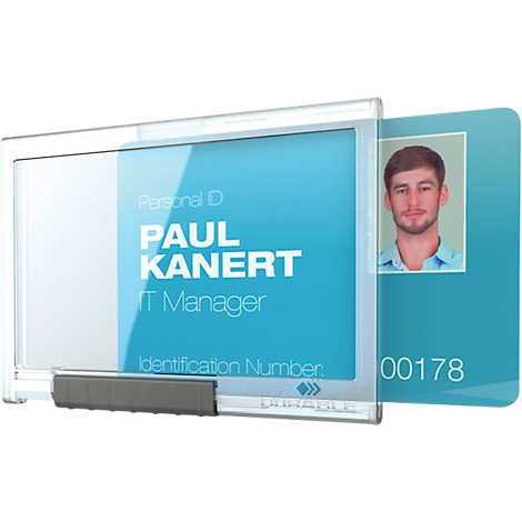 ID card with photo and name, text: Paul Kanert, IT Manager. White case.