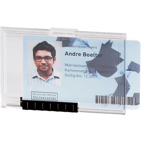 Student ID in a transparent holder. The ID card shows a photo of a man wearing glasses and the inscription "Andre Boelter".