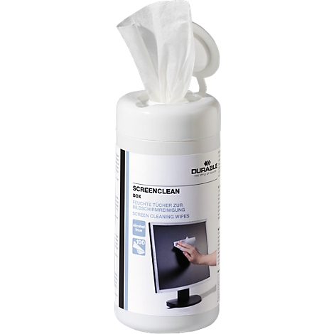White screen cleaning box with cleaning wipes sticking out. Inscription: SCREENCLEAN.