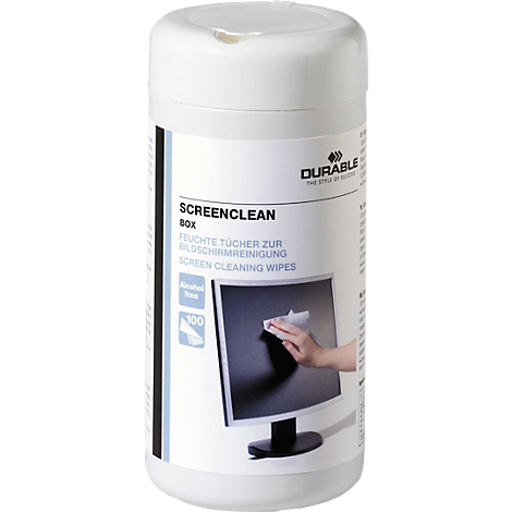 White box with screen cleaning wipes. A monitor is being cleaned with a wipe.
