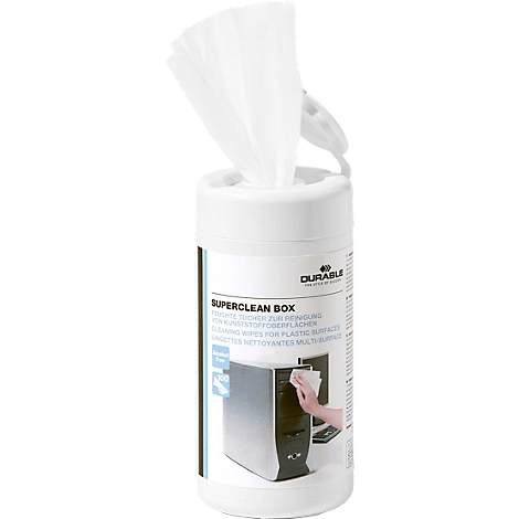 White cleaning wipes in a box. Imprint: SUPERCLEAN BOX, cleaning of surfaces. Application on PC.
