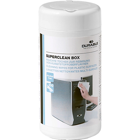 A white container labeled 'SUPERCLEAN BOX'. A hand wipes a cleaning wipe over a computer.