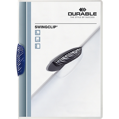 White Swingclip folder from Durable, blue clip, black closure, logo.