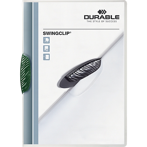 White swing clip folder with green clip. Durable logo is at the top right.