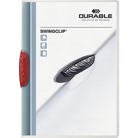 White DURABLE Swingclip folder, red clip, black clasp.