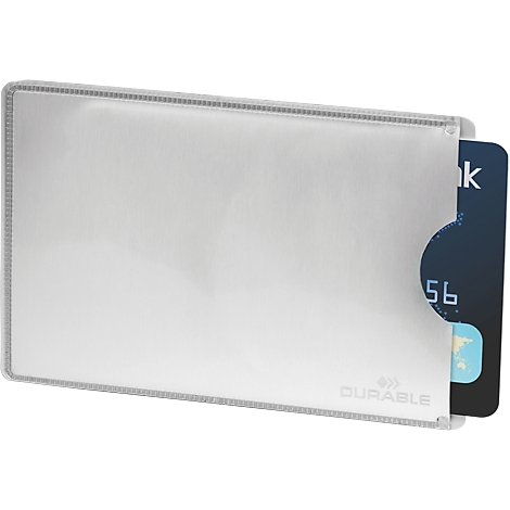 Silver card holder with a card sticking out. The case is transparent and shows the DURABLE logo.