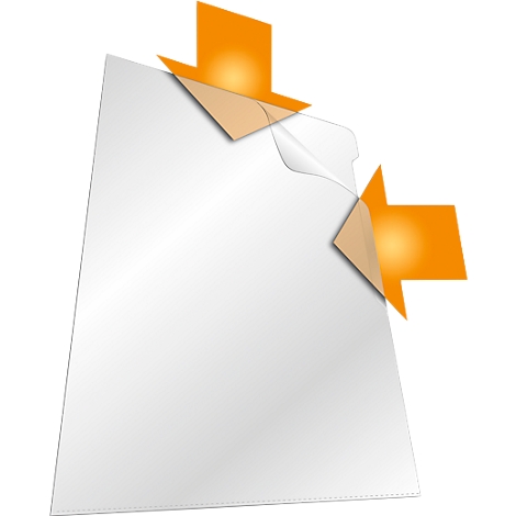 A sheet of paper, partially peeled off with arrows, reveals a transparent film.