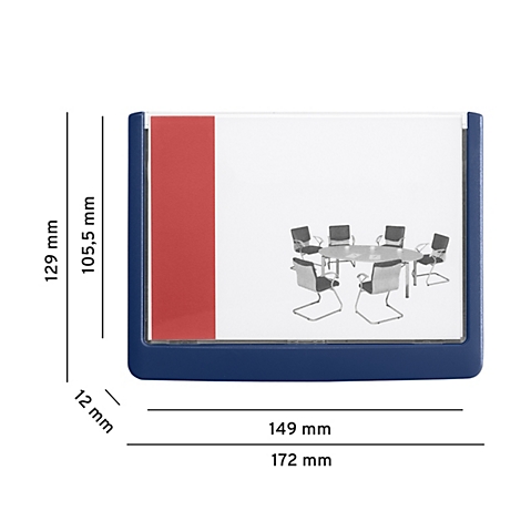 Blue frame with red accent, inside a picture of a meeting table with chairs.