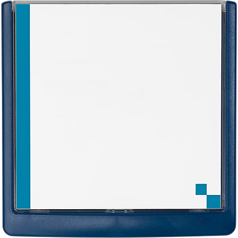 Dark blue square box with white interior and blue stripe on the left. There are two small blue squares in the bottom right corner.