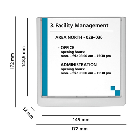 Rectangular white frame with information. Label: Facility Management, Area North. Office and administration opening hours.