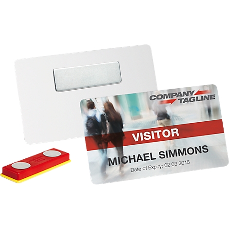 Name badges with magnetic closure. Text: "Visitor", name, expiration date. White name tag with silver rectangle.