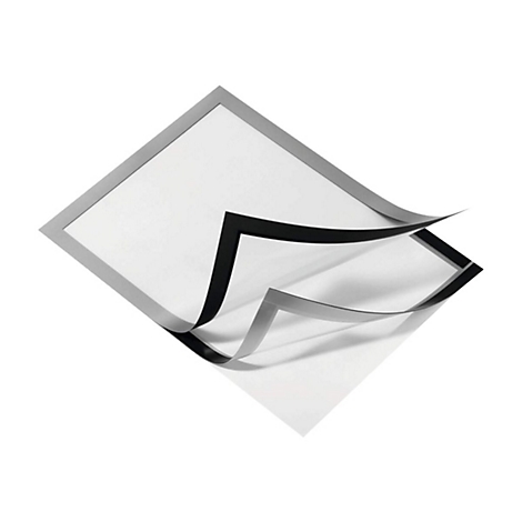 Hellgrauer Bilderrahmen, mit einer schwarzen magnetischen Abdeckung, die sich teilweise abhebt, um die weiße Oberfläche darunter zu zeigen.