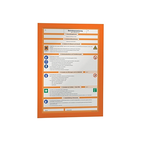 Gelbe Betriebsanweisung mit Überschriften, Warnhinweisen, Piktogrammen und Texten zur Sicherheit im Umgang mit Heizöl. Der Text beinhaltet Informationen zu Gefahren, Schutzmaßnahmen und Erster Hilfe.