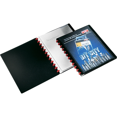 Black ring binder with red ring closure, opened. The cover shows a product cover.