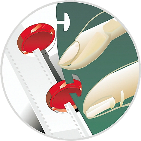Illustration of two fingers touching red buttons within a white circle, set against a green background.