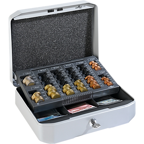 Open cash box with coins and banknotes. Foam in the lid, drawers below.