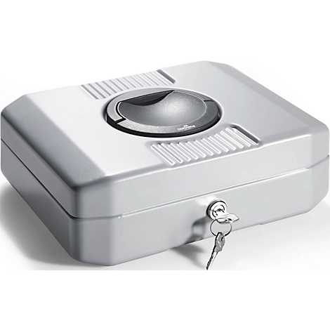 Grey, square box with a round knob, and a keyhole, keys inserted.
