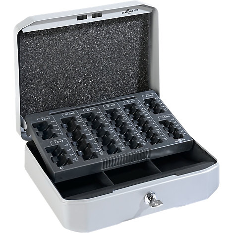 Open, silver coin case with sorting compartments for euro coins.