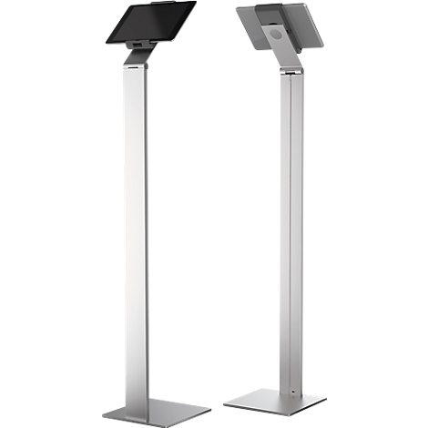 Two silver tablet stands, with square bases and rectangular pillars, holding tablets.